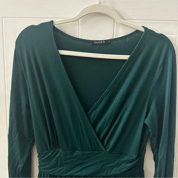 Green Maxi Dress L Faux Wrap Long Sleeve Wedding Guest Maternity | OUGES - Picture 4 of 10